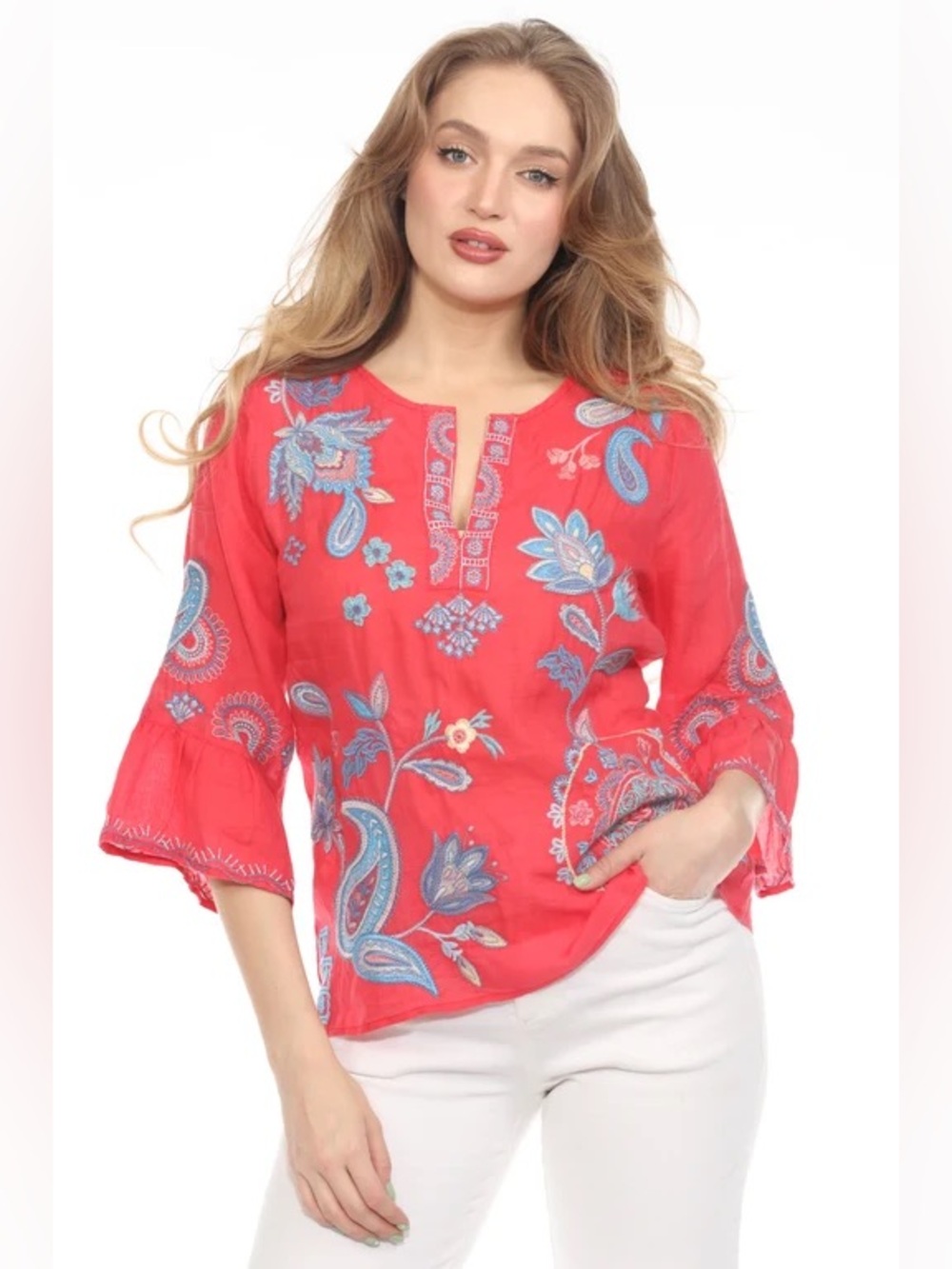 Johnny Was Neilly Ruffle Floral Embroidered Blouse